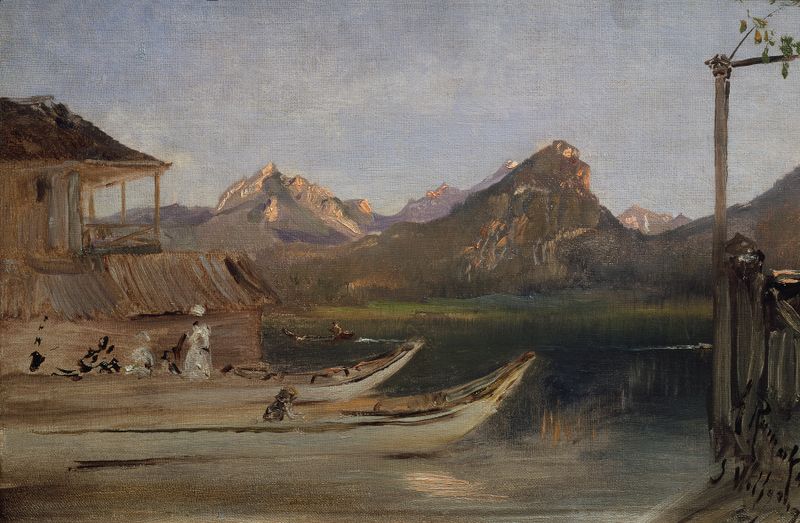 Oil painting by Anton Romako depicting a serene lake with mountains at twilight.