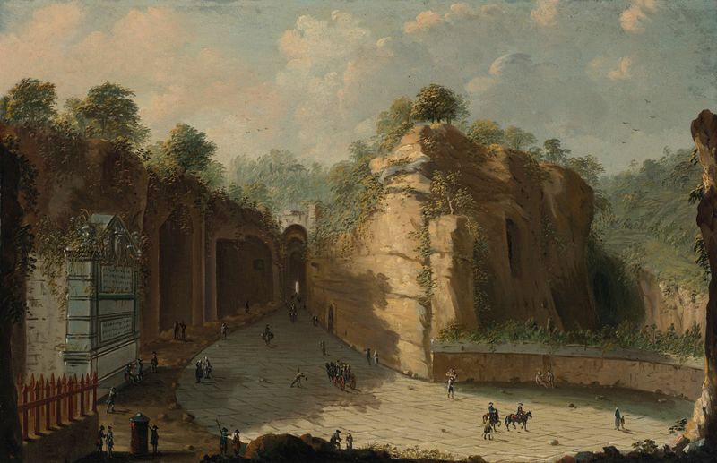 The Grotto of Pozzuoli, Naples by Pietro Antoniani, oil painting depicting light over rocky formations.