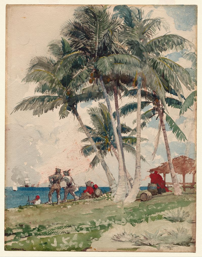 Os Bucaneiros de Winslow Homer, óleo sobre tela retratando figuras em uma ledge rochosa perto do oceano.