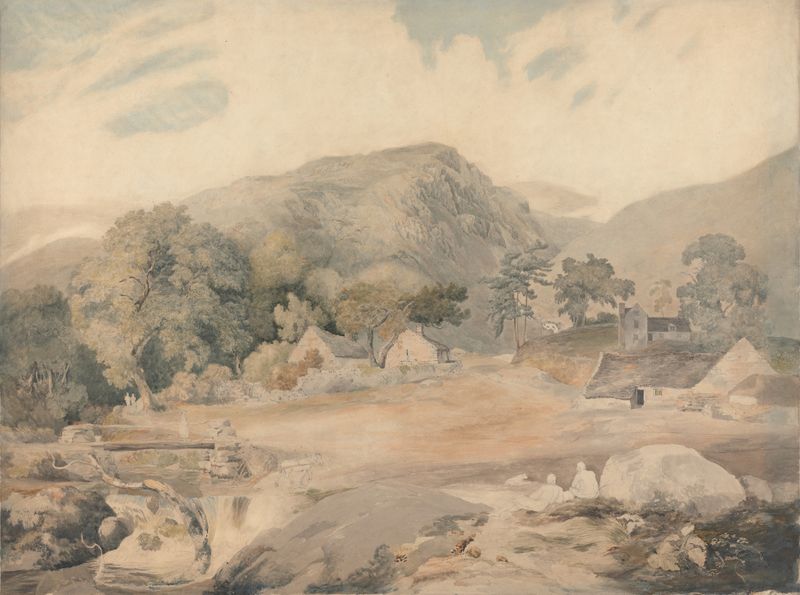 Watercolour by Cornelius Varley depicting hills, a lake, and golden light