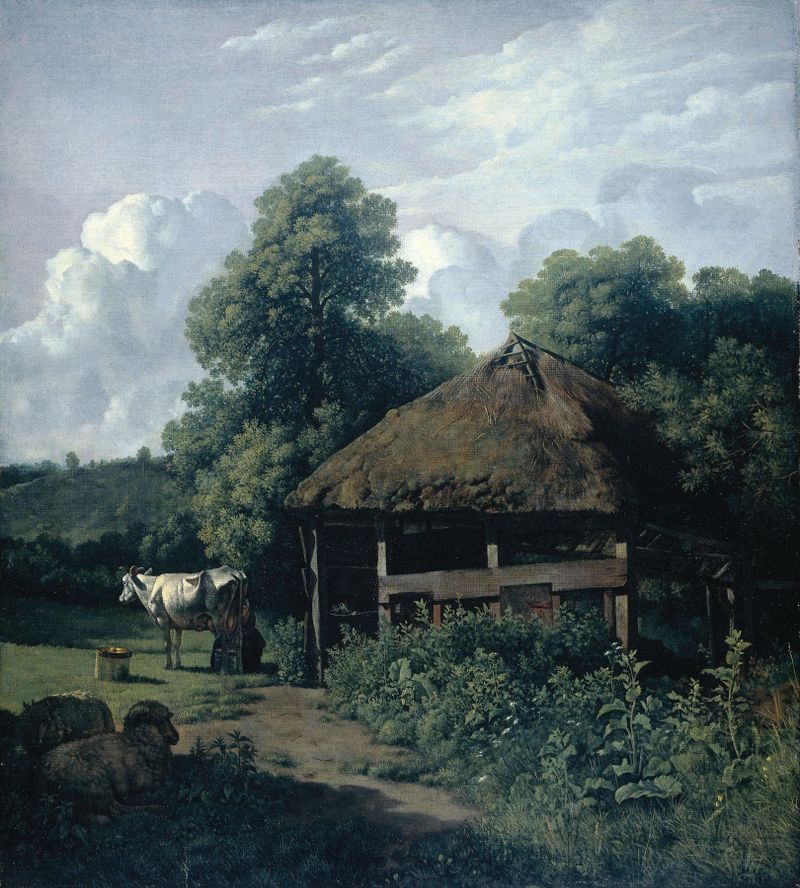 Landscape oil painting by Wouter Johannes van Troostwijk featuring a farm building in Gelderland