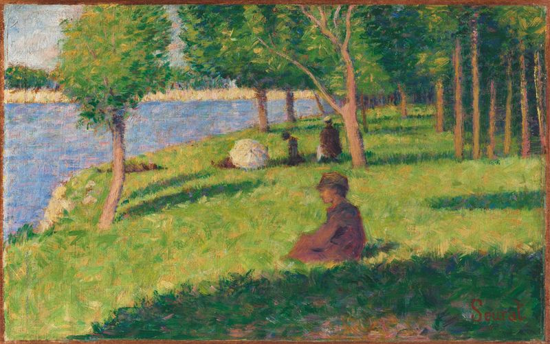 Seated Figures, óleo sobre painel de Georges Pierre Seurat, retratando figuras sentadas na grama.