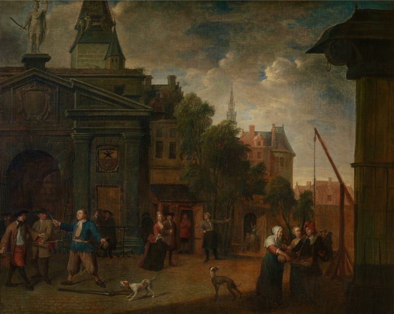Teatro de Rua no Pátio em Antuérpia, óleo sobre tela de Balthasar Van Den Bossche
