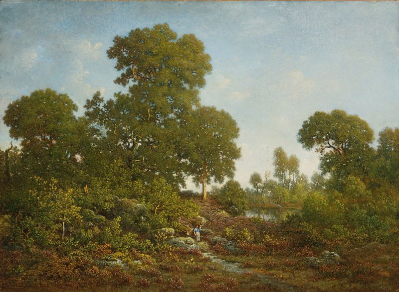 Primavera de Théodore Rousseau, óleo sobre lienzo que representa un paisaje primaveral vibrante.