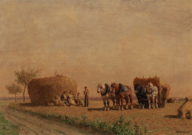 Two figures resting in a field of hay, oil on canvas by Jules-Jacques Veyrassat