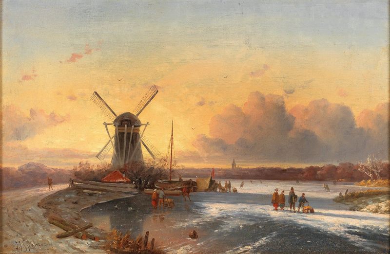 Fun On The Ice, oil painting by Jan Jacob Coenraad Spohler, depicts revelers on ice.