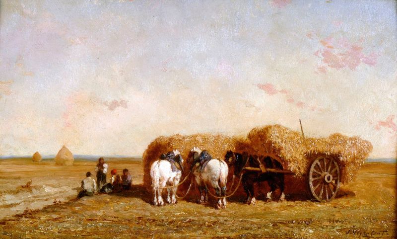 La meule by Jules-Jacques Veyrassat, oil on canvas depicting a solitary haystack under a vast sky.