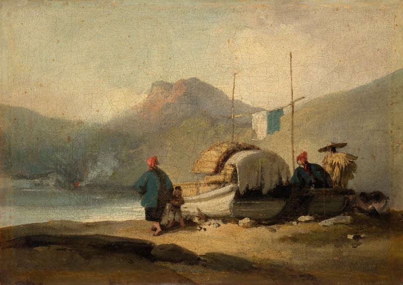 Chinese Scene, Boats by Lake, oil painting by George Chinnery depicting boats on a calm lake.