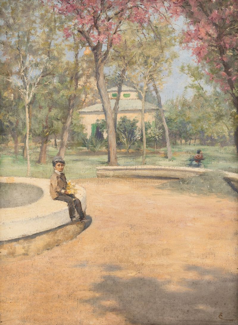 A boy sitting at a fountain in a park, oil painting by Josef Engelhart