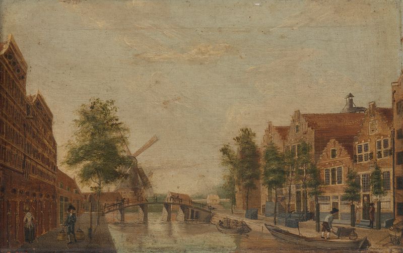 Cena de canal em Amsterdã, óleo sobre tela de artista desconhecido