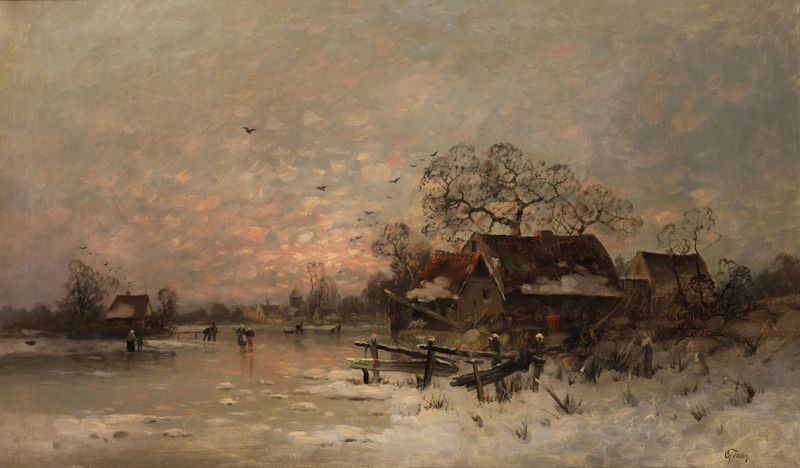 Winterlandschaft de Otto Fedder, óleo sobre lienzo que representa un paisaje invernal sereno.