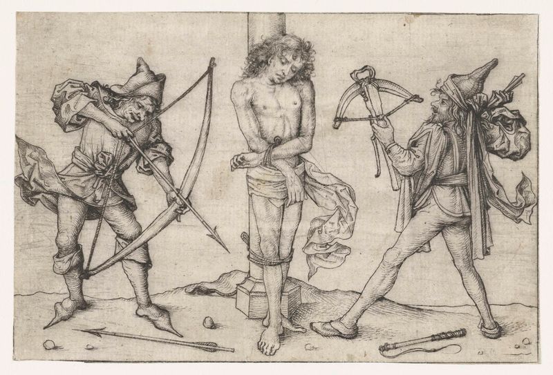 Heilige Sebastiaan met boogschutters, drypoint by Meester van het Amsterdamse Kabinet, depicting Saint Sebastian with archers.