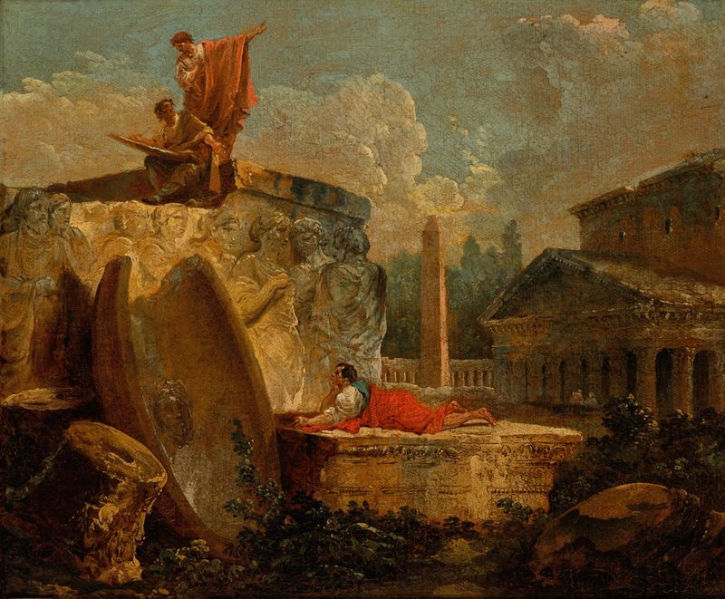 Draughtsmen en un paisaje con ruinas antiguas, óleo sobre lienzo de Hubert Robert