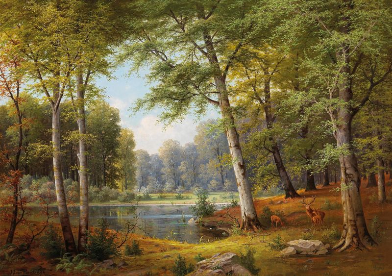 Landscape depicting a serene pond with trees, oil painting by Jacobus Johannes van Poorten