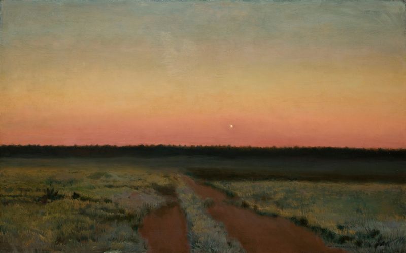 Morning Star de Jozef Chelmonski, óleo sobre lienzo que representa un paisaje al amanecer con figuras y luz cálida.