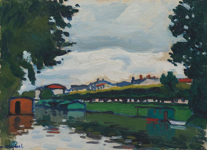 Paisagem de Poissy, les quais de Albert Marquet, óleo sobre tela, com um rio e árvores.