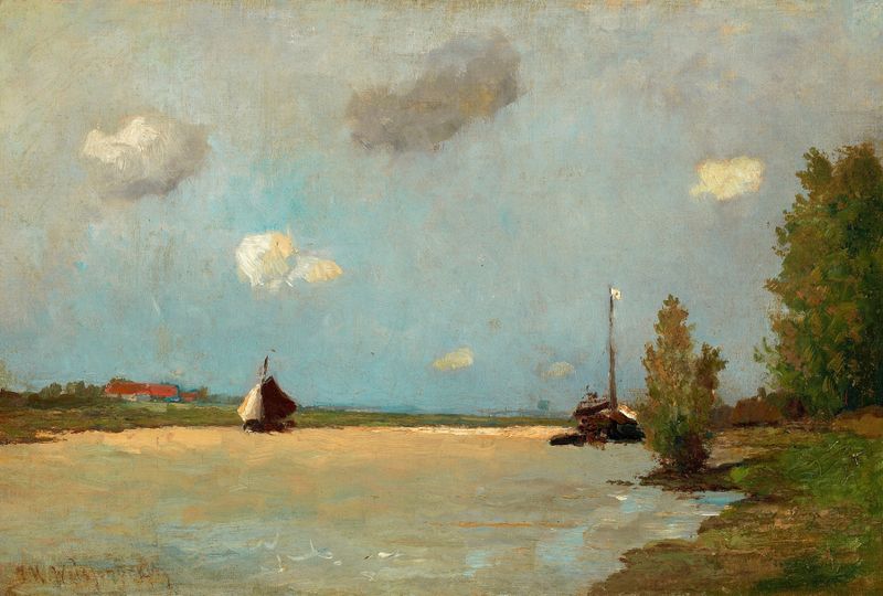 Dutch Landscape with Boats by Johan Hendrik Weissenbruch, oil on canvas depicting a tranquil waterway.