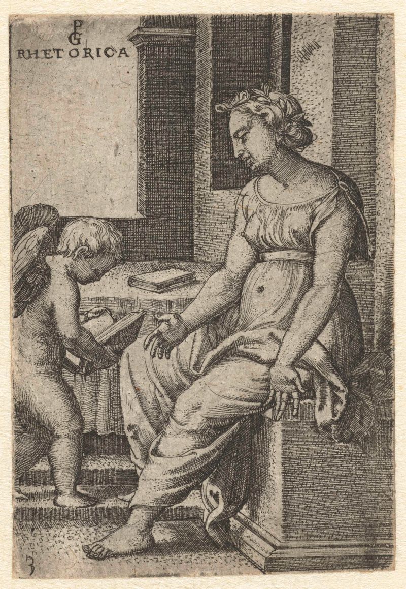 Grabado de Georg Pencz que representa una figura femenina con drapeado intrincado y juego de luces.