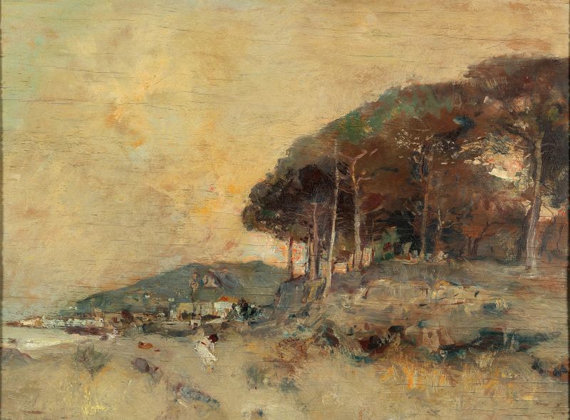 Mediterranean Coast at Dusk, oil on canvas by Giuseppe Casciaro, depicting a tranquil sea and sky at twilight.
