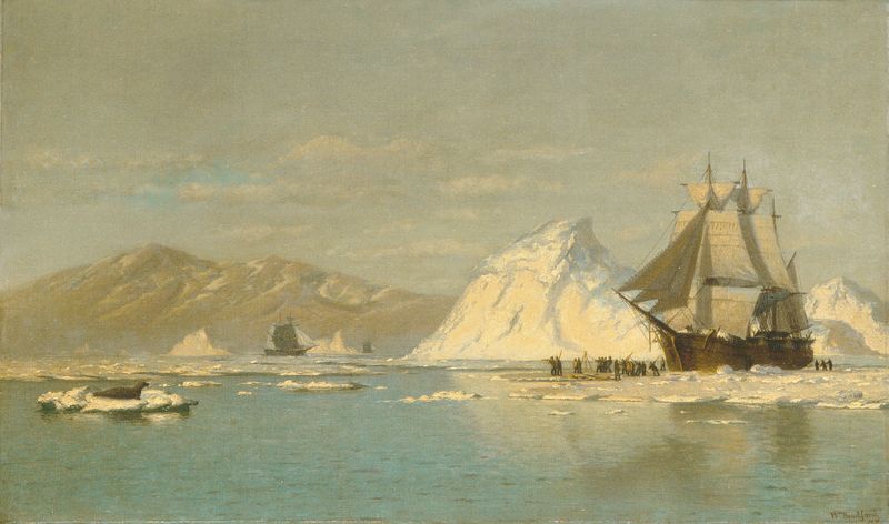 Óleo sobre lienzo de William Bradford que representa un barco ballenero navegando por aguas árticas heladas