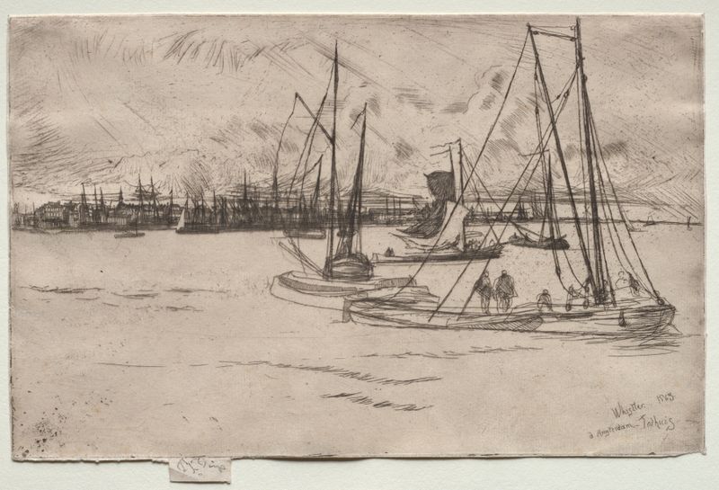Amsterdam do Tolhuis, pintura a óleo de James Abbott McNeill Whistler, retratando canais tranquilos e reflexos.