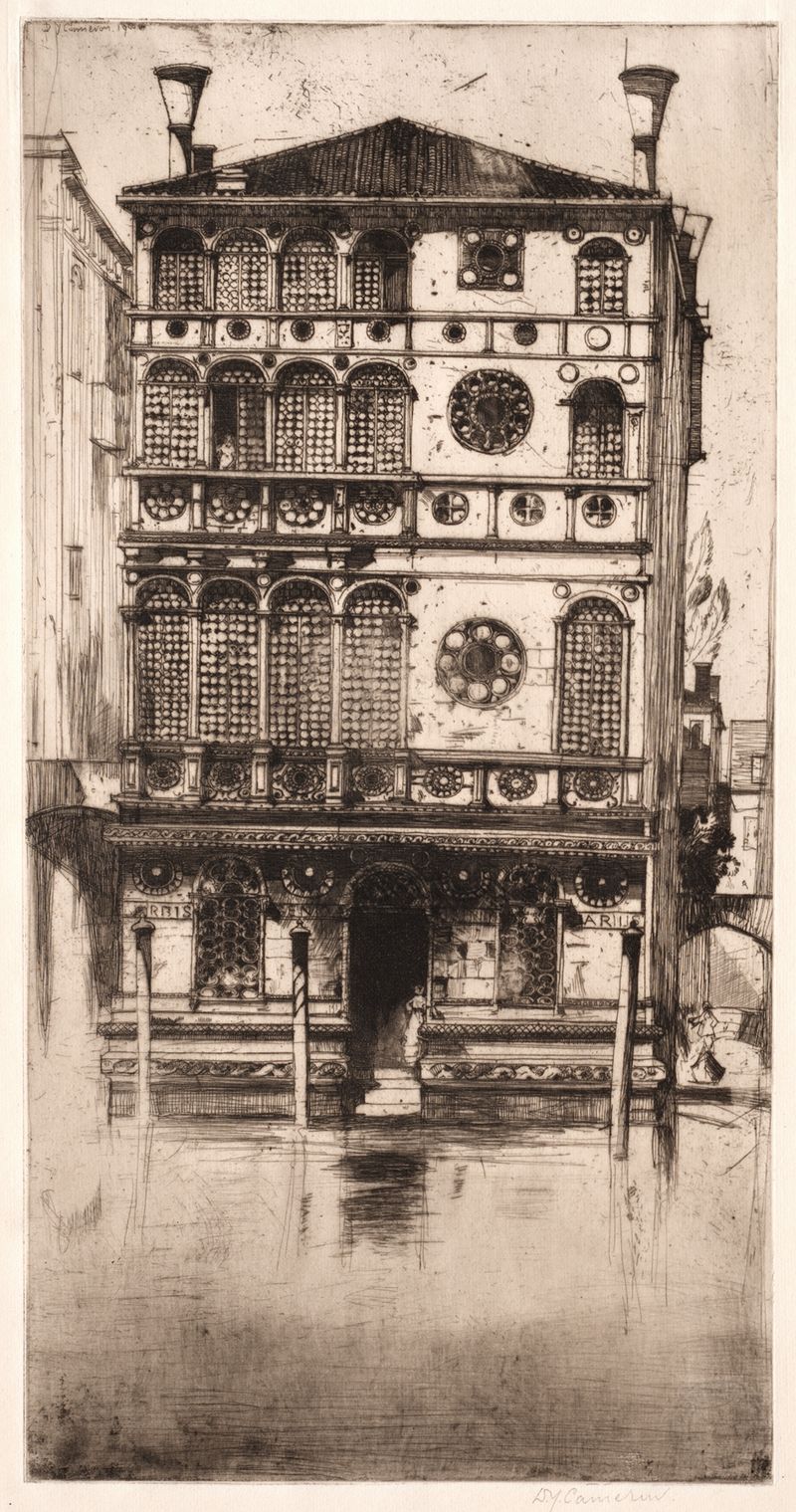 Palazzo Dario de David Young Cameron, aquarela sobre papel, mostrando uma fachada desgastada e reflexos em Veneza.