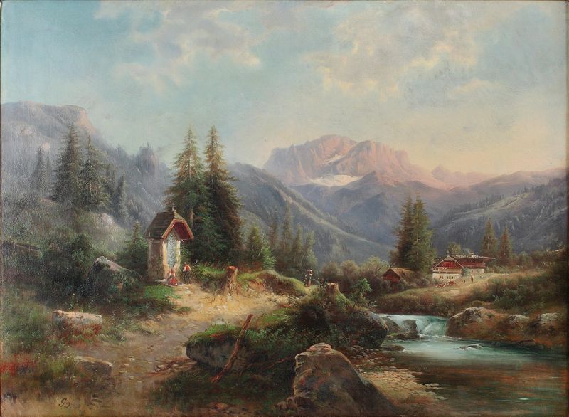 Bachlandschaft mit Figurenstaffage by Gustav Barbarini, oil painting depicting a serene landscape with a brook and trees.