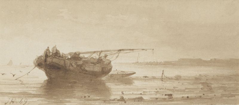 Óleo sobre lienzo de Johannes Hilverdink que representa un barco con velas arriadas en un río tranquilo