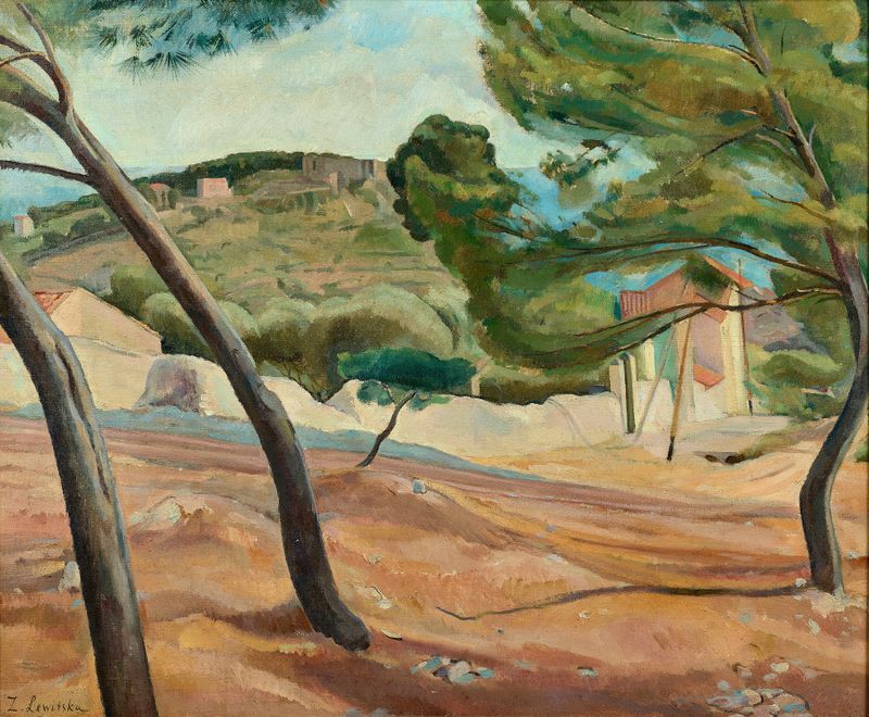 Landscape with horizon blending deep blues and warm earth tones, by Sonia Lewitska