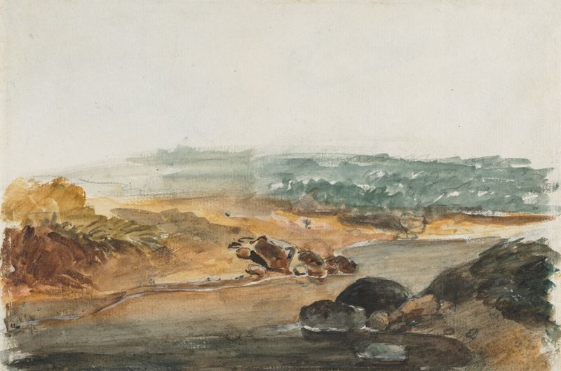 Landscape by Antoine-Louis Barye, oil painting depicting a tranquil nature scene.