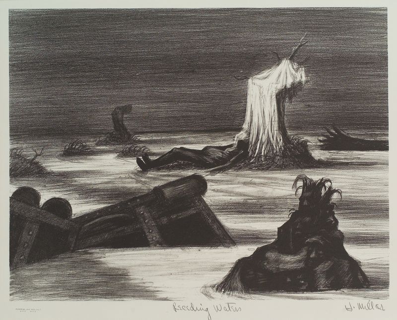 Paisagem representando água e céu em azuis e cinzas por Hugh Miller, 1937