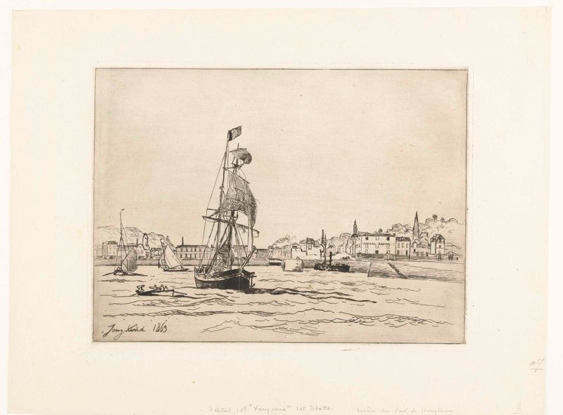 Haven van Honfleur, grabado de Johan Barthold Jongkind, que muestra un puerto con un barco en agua tranquila.