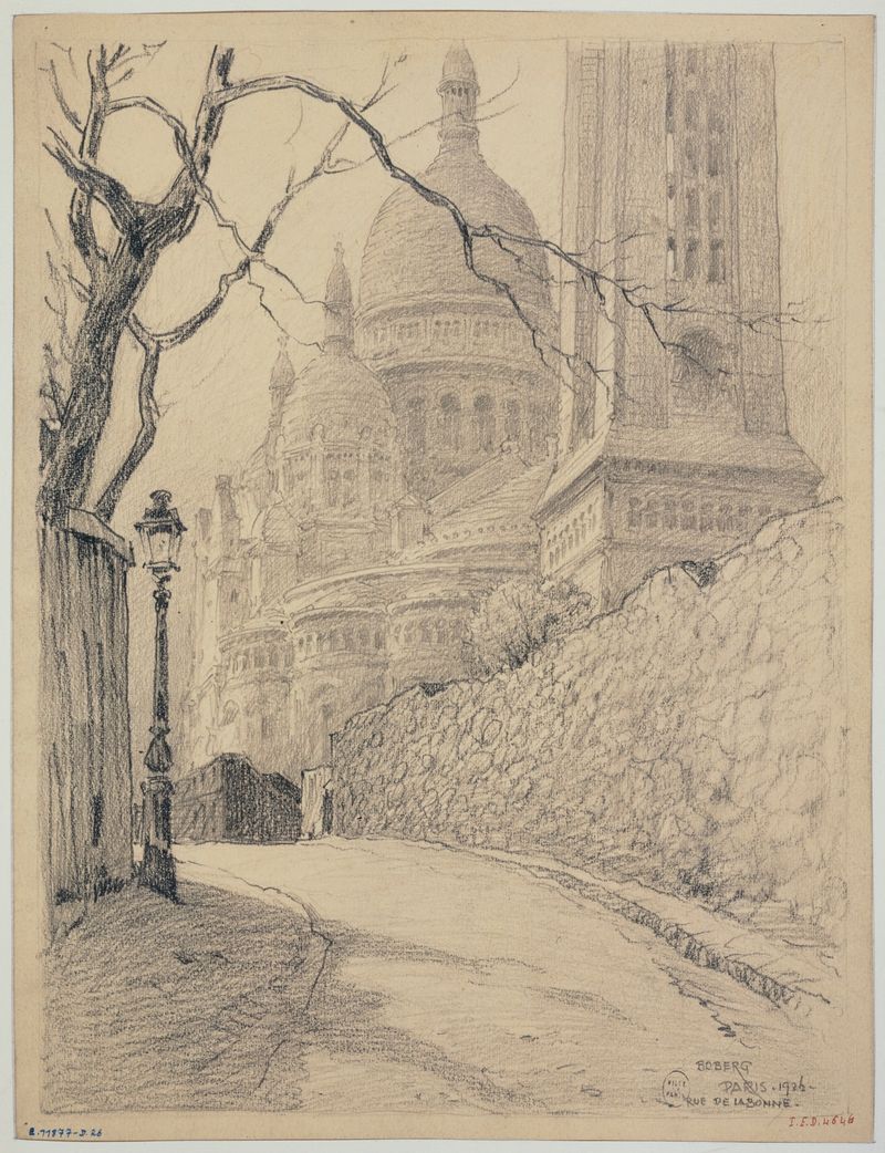 Rue de la Bonne, uma obra impressionista de Ferdinand Boberg, retratando uma serena rua parisiense em luz suave.