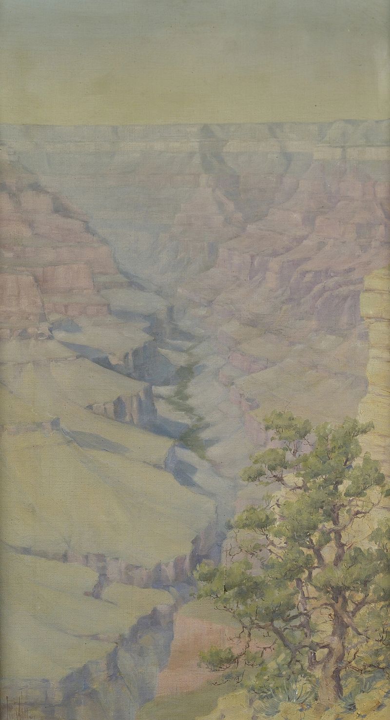 Grand Canyon de Louis Benton Akin, óleo sobre tela, retratando penhascos dramáticos e um céu vibrante