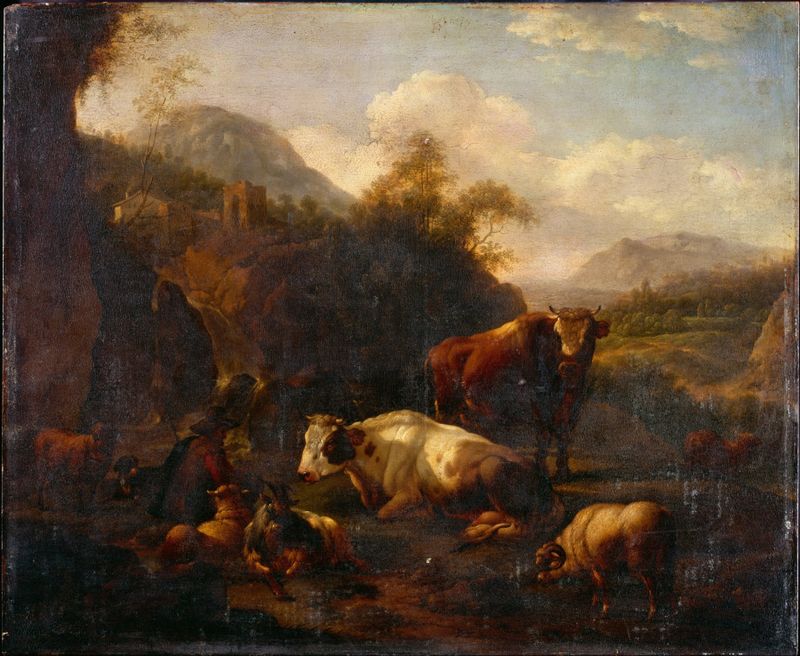 Landscape by Johann Heinrich Roos, oil painting depicting a sunset over a tranquil landscape.