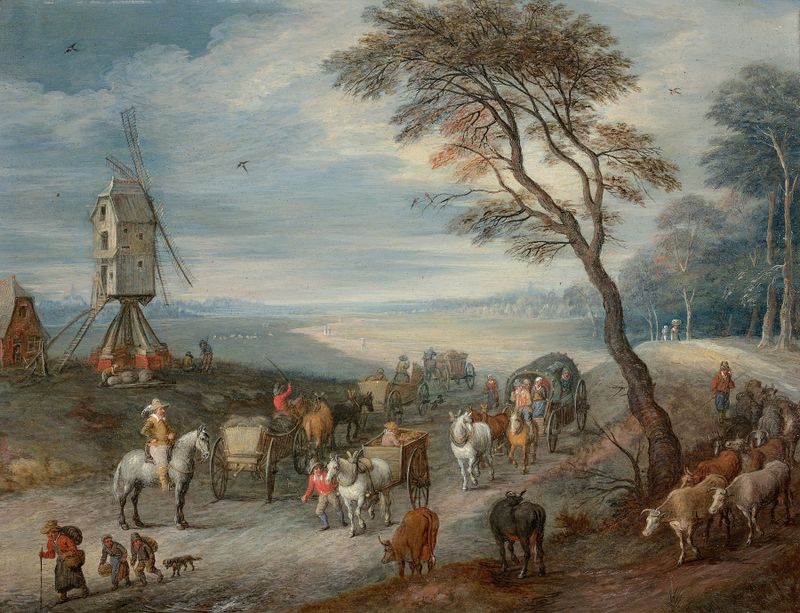 Genre scene depicting a market near a mill by Joseph van Bredael, oil painting