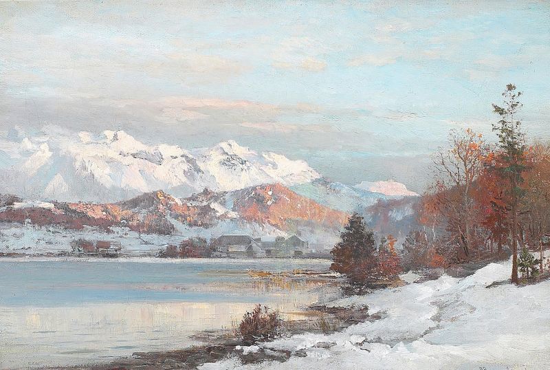 Landscape with dawn light over a mountain lake by Anders Andersen-Lundby, oil painting