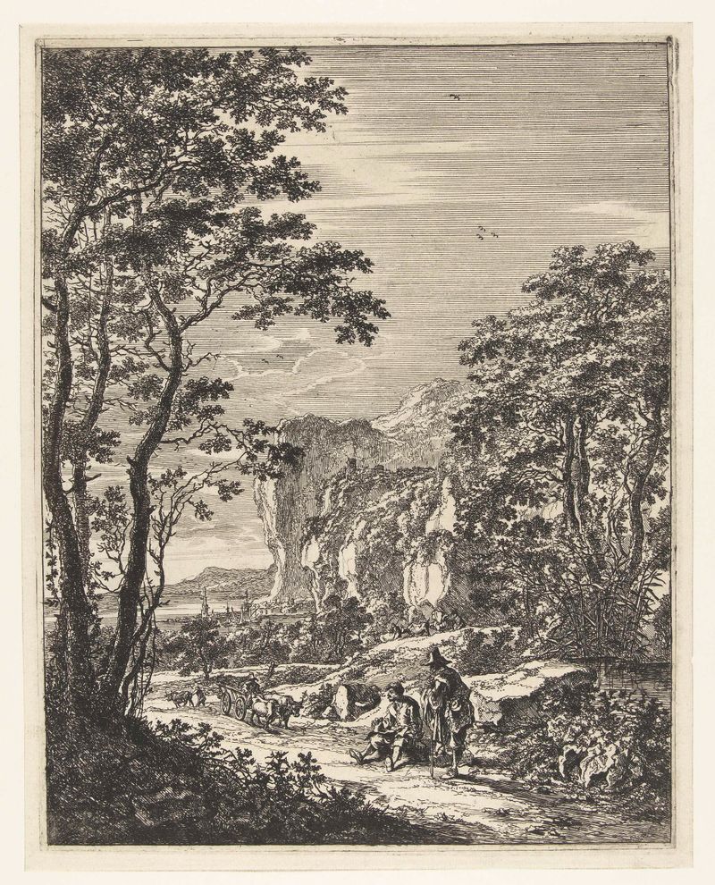 Etching by Jan Both depicting an ox cart in a rural landscape
