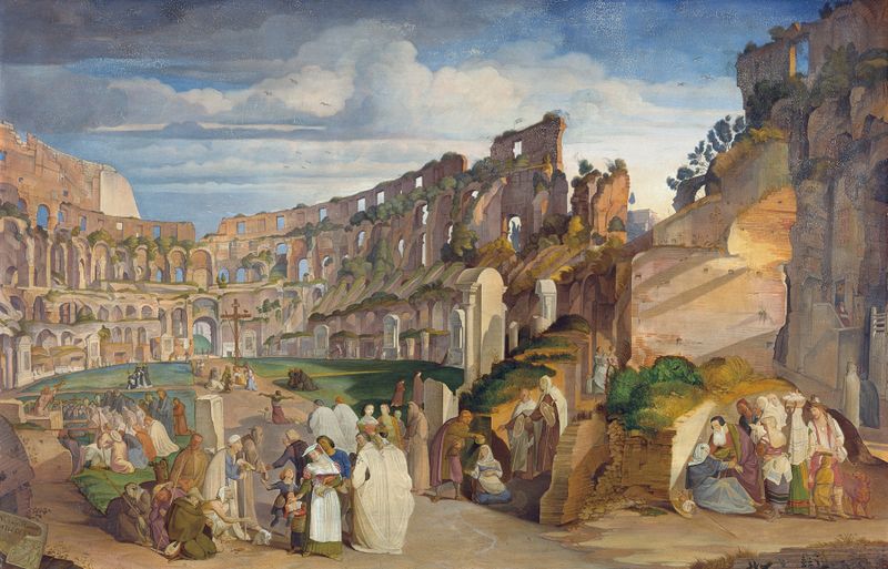 Sermão dos Capuchinhos no Coliseu de Roma de Johann Anton Ramboux, óleo sobre tela mostrando capuchinhos em robes marrons.