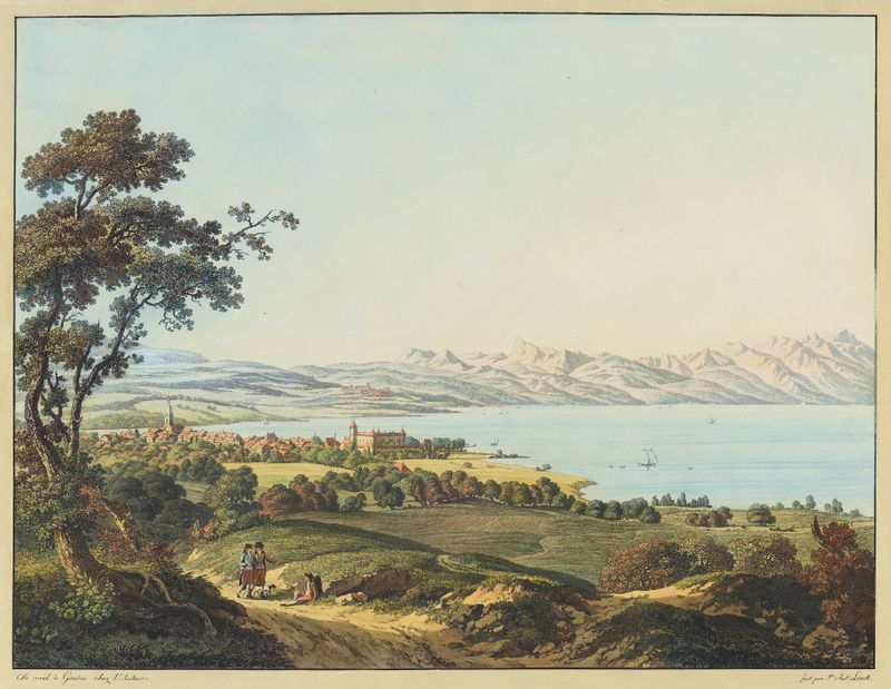 Vue de Morges de Jean-Antoine Linck, óleo sobre lienzo que representa un lago sereno al atardecer.