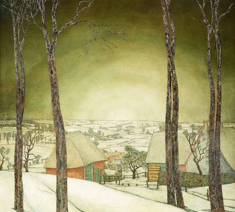 Winter landscape by Valerius De Saedeleer, oil painting depicting snow-covered trees and frost.