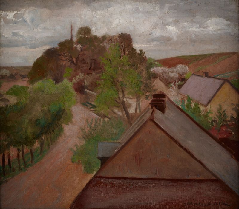 Country Landscape with a Road de Jacek Malczewski, óleo sobre tela mostrando uma estrada sinuosa entre a vegetação.