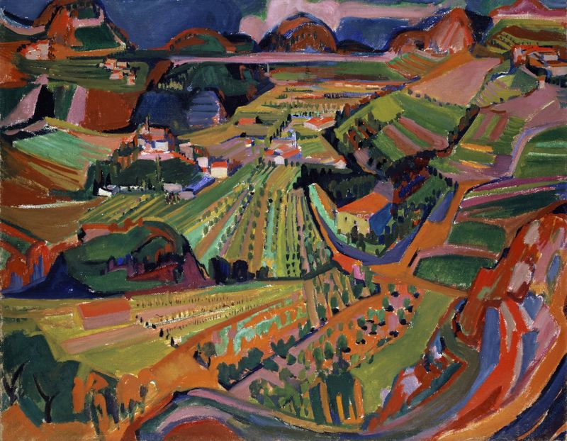 Landscape In The Ticino by Werner Neuhaus, oil painting depicting hills and wildflowers.