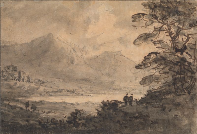 Paisaje con Cuatro Figuras de William Gilpin, óleo sobre lienzo, que representa figuras en un paisaje verde.