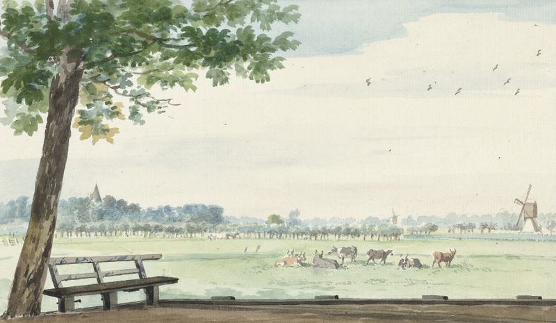 Landscape oil painting by Aert Schouman featuring a homestead in a tranquil setting