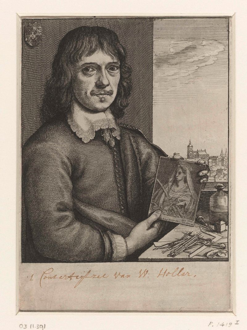 Autorretrato em gravura de Wenceslaus Hollar, com um olhar sombrio e chiaroscuro.