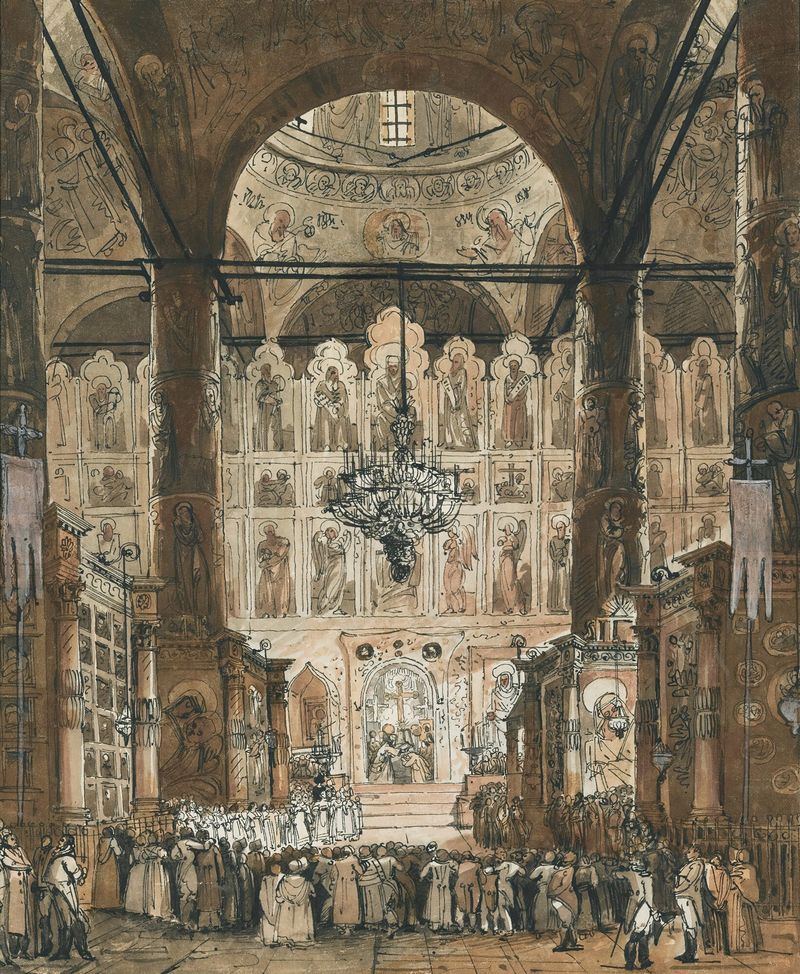 Religious scene at Uspensky Cathedral, oil painting by Russian School
