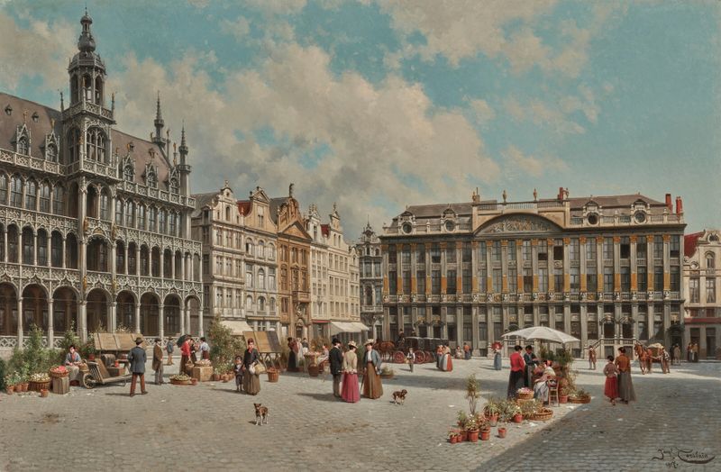 Pintura a óleo impressionista de Jacques François Carabain representando La Grand Place, Bruxelas ao crepúsculo.