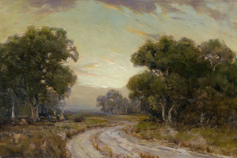Evening Near Jackson, oil on canvas by Julian Onderdonk depicting a tranquil Texas landscape at dusk.