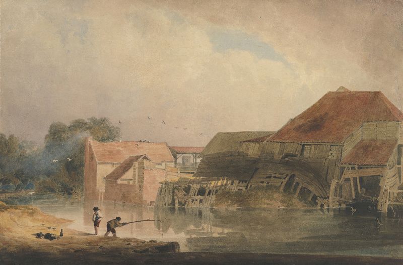 Riverside Scene de Peter De Wint, acuarela sobre papel, que representa un paisaje sereno de río con un molino.